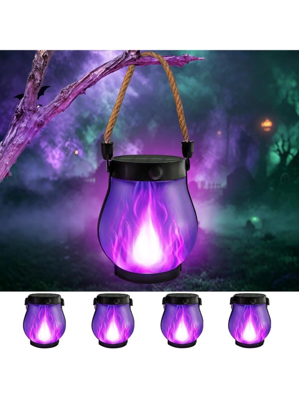 🎃Halloween Purple Flame Light Lanterns Outdoor Waterproof Hanging Auto On/Off